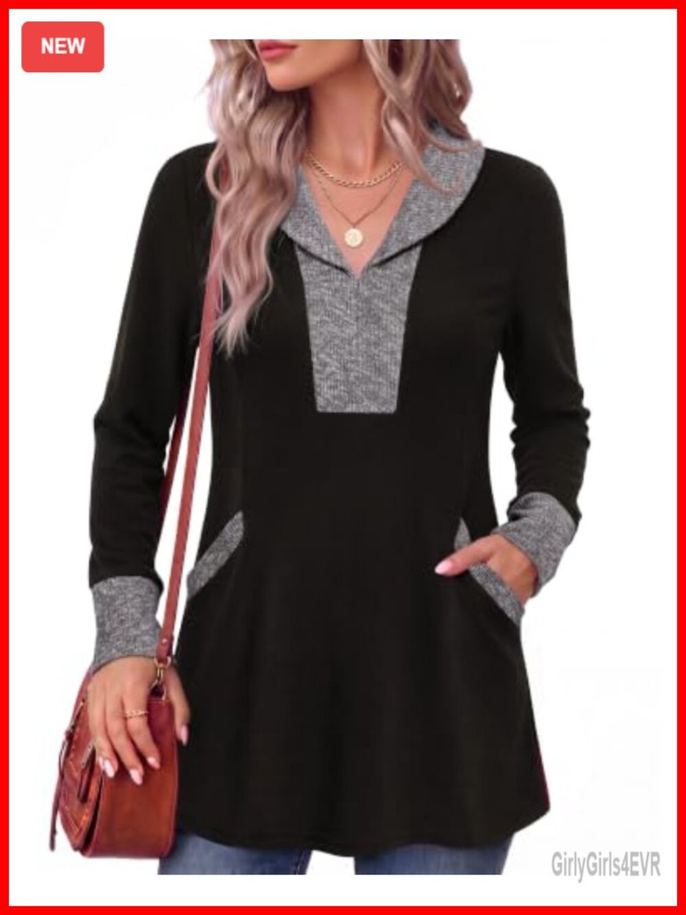 V Neck Tunic Sweater with Pockets Long Sleeve Knit Blouse for Work